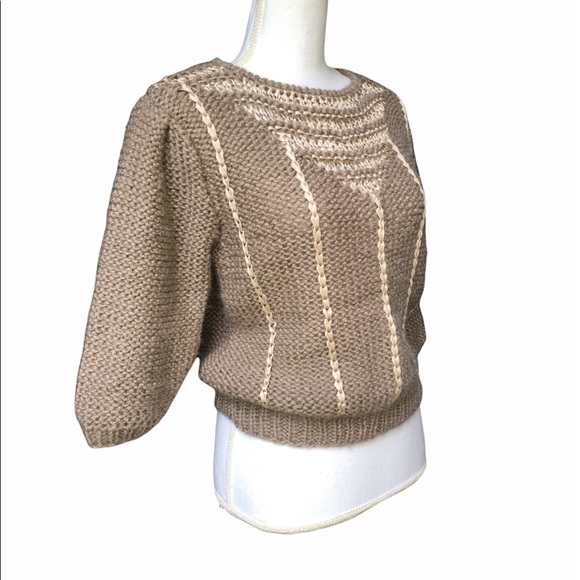 Vintage 80’s Puff Sleeve Ribbon-knit Taupe Sweater by Naomi Bee - Picture 2 of 12